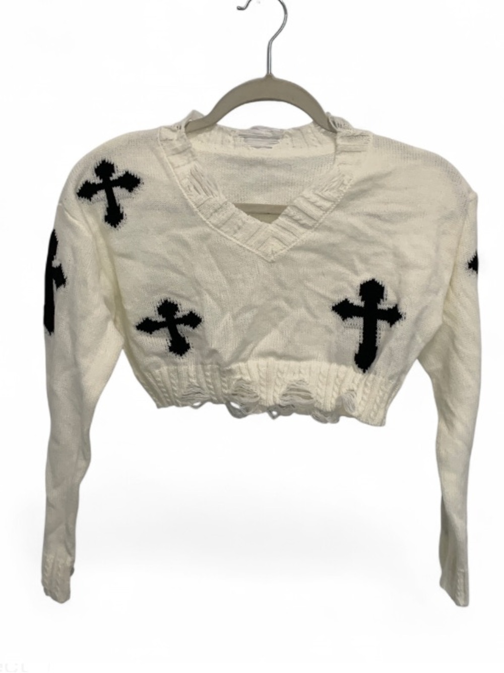Shein Cross Graphics Cropped V-Neck Long Sleeve Sweater